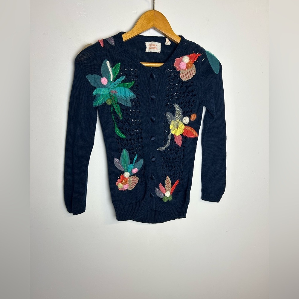 Anthropologie Mona+Mabel‎ Cardigan Sweater Patch Knitted Size XS 100% Cotton
